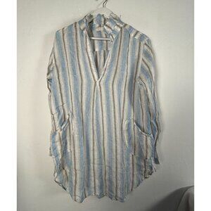 CP Shades Womens Striped Linen Tunic Dress Top Large Blue/Brown Pockets NWOT